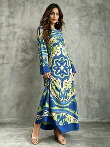 Women's Autumn/Winter Arabic Traditional Turkish Long Dress, A-Line Long Kaftan Robe Jalabiya Vacation Fall - Blue - View 7