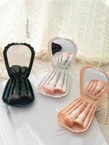 1PC New 5-Piece Shell Makeup Brush Set With Mirror, Suitable For Travel, Portable And Convenient, Mini Full-Function Professional Makeup Brushes With Folding Mirror And Dust-Proof Flip Cover, Lightweight Makeup Brush Set For Outings, Shell Design, Suitable As Holiday Gift For Lovers And Friends, Teacher's Day Gift - Multicolor - View 3
