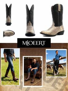 Mioeert Men's Cowboy Boots | Classic Embroidered Western Boots | Pointed-Toe Chunky-Heel Ankle Boots , Stylish, Retro Ankle Boots - Black - View 5