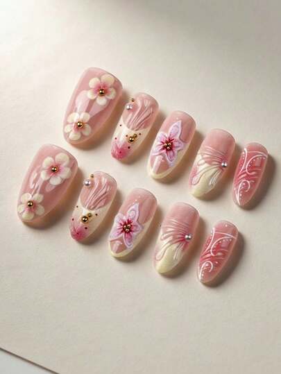 10 piezas de uñas postizas premium con diseño floral 3D teñido anudado en forma de almendra, puntas de uñas falsas estilo francés con degradado dulce, realzan instantáneamente tu look, resaltan la elegancia personal sencilla, estilo elegante minimalista Y2K princesa sexy, adecuadas para uso diario de mujeres y niñas, también un regalo delicado para mujeres y niñas, suministros para uñas