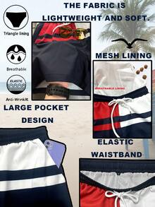 Men's Red White Blue Striped Colorblock Swim Trunks With Built-In Triangle Liner, Quick-Dry Beach Board Shorts - Multicolor - View 12