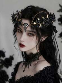 1 buah Bando Tengkorak Gagak Gaya Gothic Gelap Hitam & Emas, Ornamen Dahi Penyihir Peri Halloween, Mahkota Rambut Pita Pesta Cosplay - Hitam dan emas - View 8