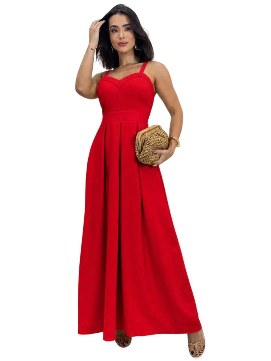Long Dress With Adjustable Straps, Elastic Waist, Fits Sizes 36 To 44. Women's Elastic Dress With Adjustable Back, Sizes 36 To 44. Comfortable Elastic Waist Dress With Adjustable Straps. - 紅色 - 查看 1
