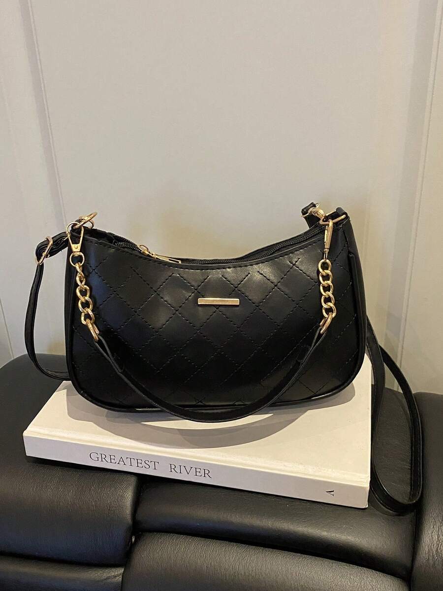 Nuevo bolso de hombro versátil con textura de cadena, bolso de mano para mujer - Negro - Ver 1