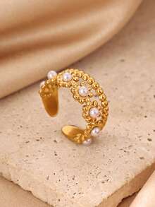 1PC Multi-Layer Faux Pearl Stitching Flower Rings For Women Gold Color Stainless Steel Geometric Flower Opening Ring Wedding Christmas Jewelry - Multicolor - View 3