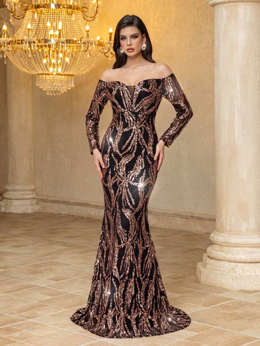 Regular Shoulder Mesh Embroidered Sequin Long Sleeve Elegant Glamorous Waist-Cinched Floor-Length Formal Evening Party Dress Wedding Spring - Champagne - View 1