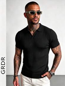 GRDR Men's Summer Airplane Collar Ribbed Solid Color Short Sleeve Knit Sweater, Suitable For Summer Outings, Essential For Fashionable Styling - Black - View 4