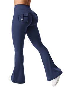YEOREO Flare Leggings With Pockets For Women Butt Lifting Gym Yoga Leggings Winter Leggings 31.5"Black Leggings No Front Seam Flare Leggings - 海軍藍 - 查看 7