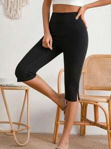 Quần short Bermuda ôm dáng co giãn màu trơn xẻ gấu đa năng mới - màu đen - Xem 2