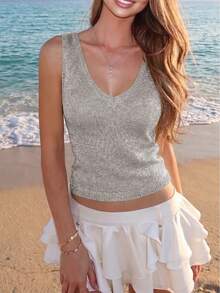 Frühling/Sommer Neue Damen Khaki V-Ausschnitt Strick Cover Up, Kurz Slim Fit, zeigt lässige und sanfte Eleganz. Frühling/Sommer Damenbekleidung Silber - Silber - Übersicht 5