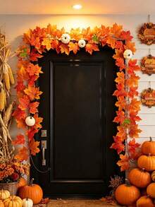 200cm/78.74inch Fall Maple Leaves Pumpkin Garland,Artificial Maple Leaf And White Pumpkins Autumn Garland Hanging Fall Vines,Realistic Autumn Leaf Hanging Vine For Thanksgiving Family Gathering Decor,Wedding Party Home Decor,Table Front Door Decor. - Multicolor - View 7