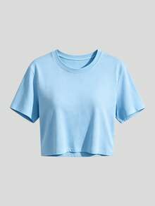 100% Cotton Crop Top T-Shirt With Gothic Lettering Foul Mouthed  , On Wooden Hanger, Glasses, Blue Jeans, Indoor Staircase, Vacation Outfitswomen - 淺藍色 - 查看 5