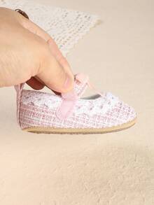 1 Pair Girls Solid Color Fabric Lace Trim Fashion Versatile Cute Infant Princess Shoes, Suitable For Party, Spring And Autumn - Pink - View 6