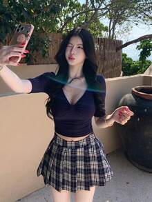 韓式復古拼接扭結短袖女款夏季修身顯瘦百搭慵懶休閒短版上衣 - 藏蓝色 - 查看 5