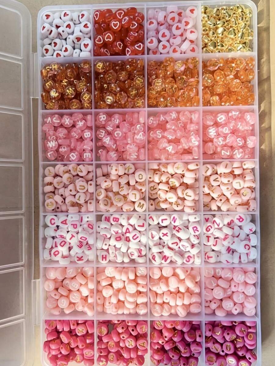 300/840pcs Pink, Red, White Multi-Color Golden Letter Beads And Heart-Shaped Acrylic Beads Combination Set - Jewelry Making Kit - Suitable For Jewelry Making DIY, Handmade Bracelets, Necklaces Craft Supplies