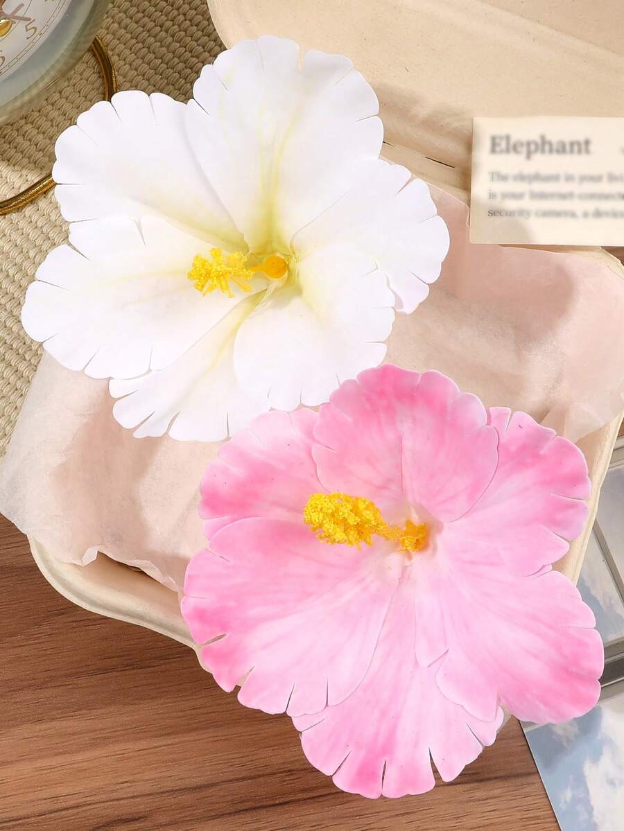 2件組粉色與白色扶桑花人造花髮夾,側夾可用於固定鬆散頭髮、編髮造型裝飾,復古新中式風,溫柔清新優雅,輕奢高級感,酷鹽風,適合旅行、海灘度假、拍照、野餐、派對髮飾 - 彩色 - 查看 1