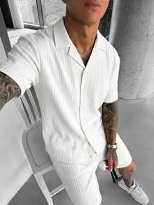 YUNCHIC Men's Vertical Ribbed Texture 2-Piece Set, Cuban Collar Short Sleeve Button Shirt And Drawstring Shorts Outfit, Summer Casual Vacation & Sportswear - White - View 2
