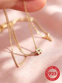1pc S925 Sterling Silver Mini Four-Leaf Clover Full Rhinestone Collarbone Necklace, Simple Luxury Elegant Elegant Artistic Cool Delicate Personalized Mori Style Fresh Niche Lucky Clover Adjustable Versatile High-End Neck Jewelry Casual Daily Matching Sweet Fashion Accessory Gift - Four-leaf Clover - View 12