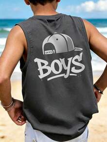 Teen Boys Sleeveless Tank Top, Printed With "Boys" And Baseball Cap Pattern, Fashionable And Versatile, Suitable For Teen Summer Outdoor Wear - Dark Grey - View 2