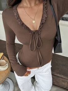 SCARLUX Autumn Y2K Women's Brown Lace Trim V-Neck Long Sleeve Top, Lace-Up Front Slim Fit Cropped T-Shirt, Casual Style - Brown - View 9