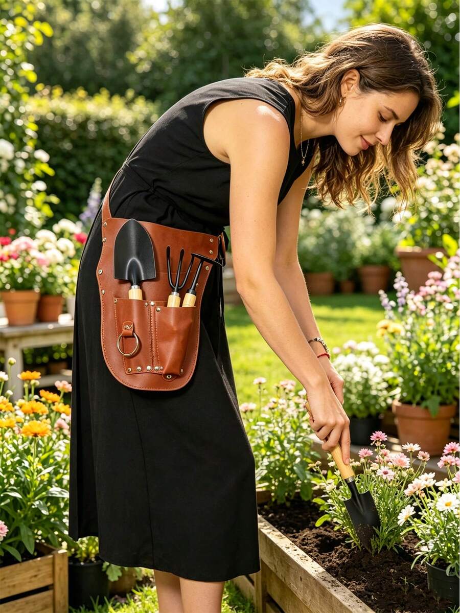 Outdoor Garden Tool Storage Bag, 3 PiecesGardening Hand Tool Set With Wooden Handle Small Shovel, Soil Rake, Weeding , Thickened Puncture-Resistant Gardening Gloves, Florist Tool Belt, Portable Planting Tool Storage Bag, Wear-Resistant Gardening Tool Storage Bag; Multi-Pocket Quick Access Tool Apron, Lightweight Waist Storage Bag; Suitable For Digging, Weeding - Multicolor - View 1