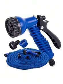 Blue Expandable Flexible Water Hose With 7 Adjustable Spray Nozzles, Expandable Length 7.5-60m (Approx. 25ft-200ft), Suitable For Car Washing, Lawn Watering, Plant Care And Pet Bathing, Can Be Used All Year Round, Composed Of Hose And Connectors - Blue - View 1