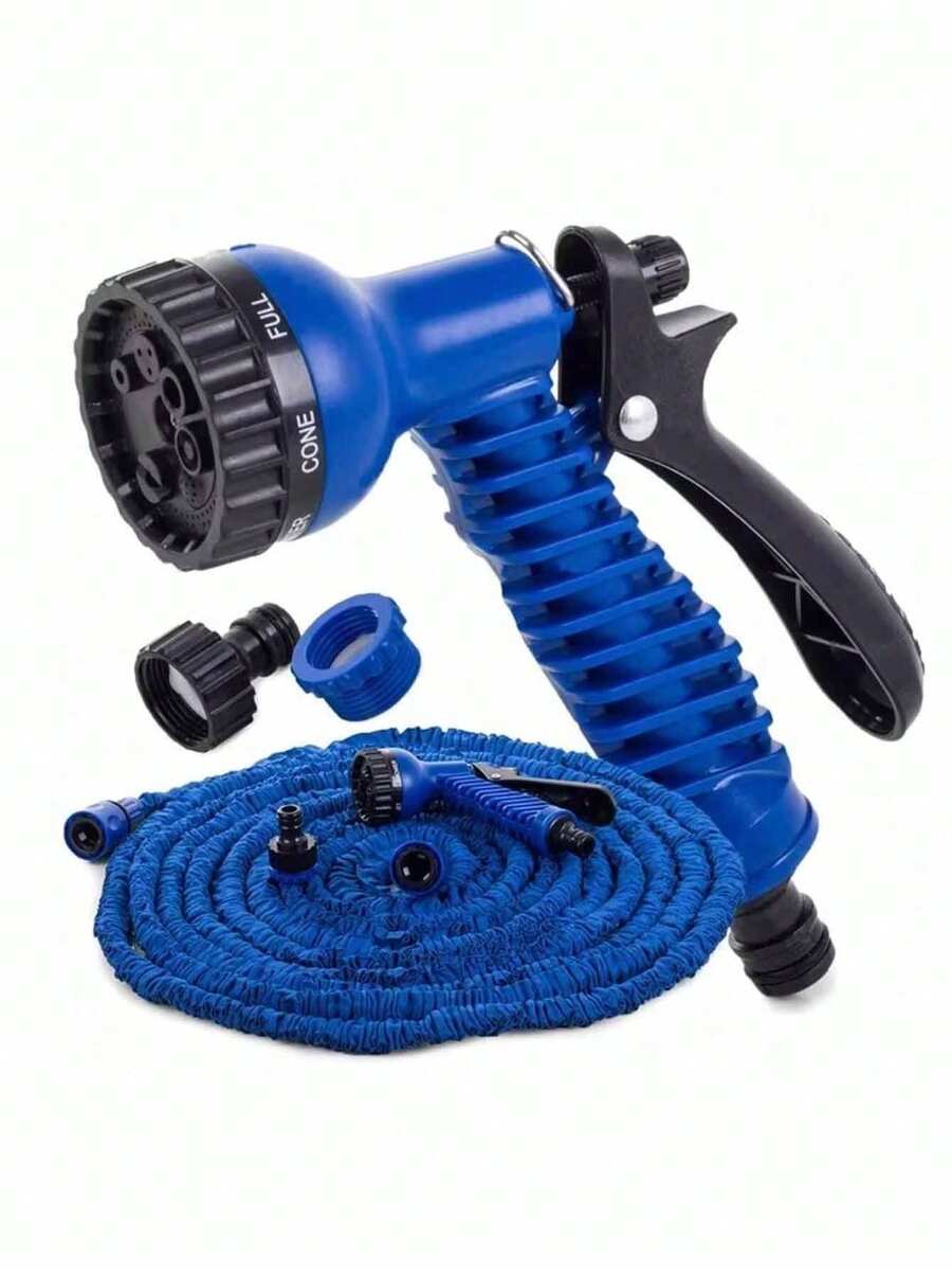 Blue Expandable Flexible Water Hose With 7 Adjustable Spray Nozzles, Expandable Length 7.5-60m (Approx. 25ft-200ft), Suitable For Car Washing, Lawn Watering, Plant Care And Pet Bathing, Can Be Used All Year Round, Composed Of Hose And Connectors - Blue - View 1
