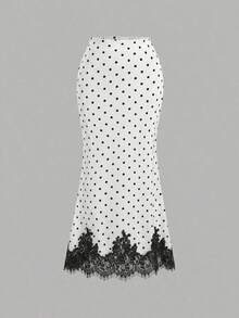 Damen Sommer weiß Midi-Rock, lässig eleganter Polka Punkt Spitze Patchwork Klassischer Stil Langer Rock, geeignet für Strand, Club und Straßenmode - Weiss - Übersicht 9