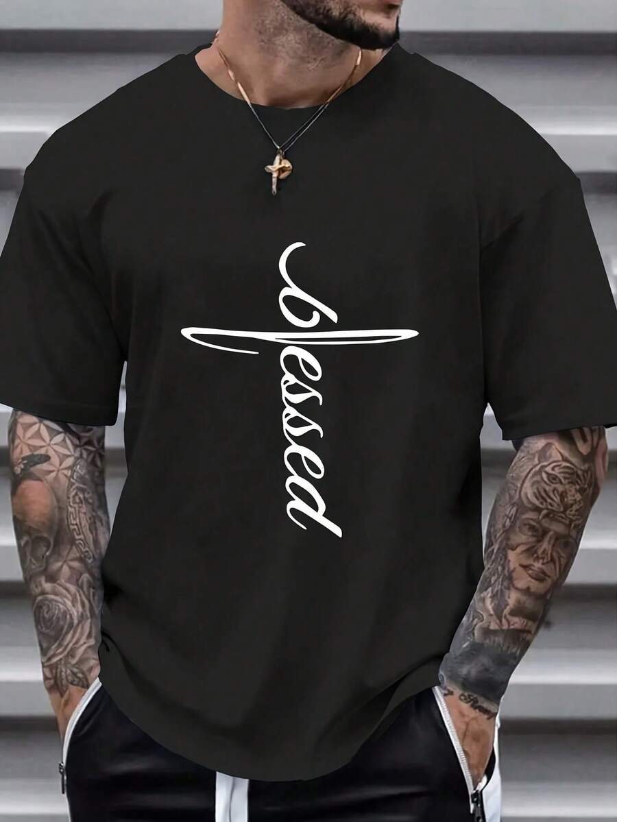 T-shirt pour homme 180g "Blessed" en italique beige clair, col rond manches courtes, haut d'été décontracté - Noir - Voir 1