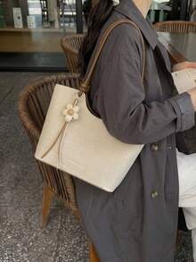 Bolso de hombro tipo tote para mujer, gran capacidad, beige minimalista, con encanto floral lindo, suave y elegante, adecuado para compras y desplazamientos - Beis - Ver 5