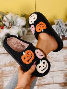 3 Pairs Pumpkin Style Fashion Party Slippers Women's Autumn/Winter Home Indoor Plush Warm Slip-On Women's Slippers,Halloween - Black - View 1