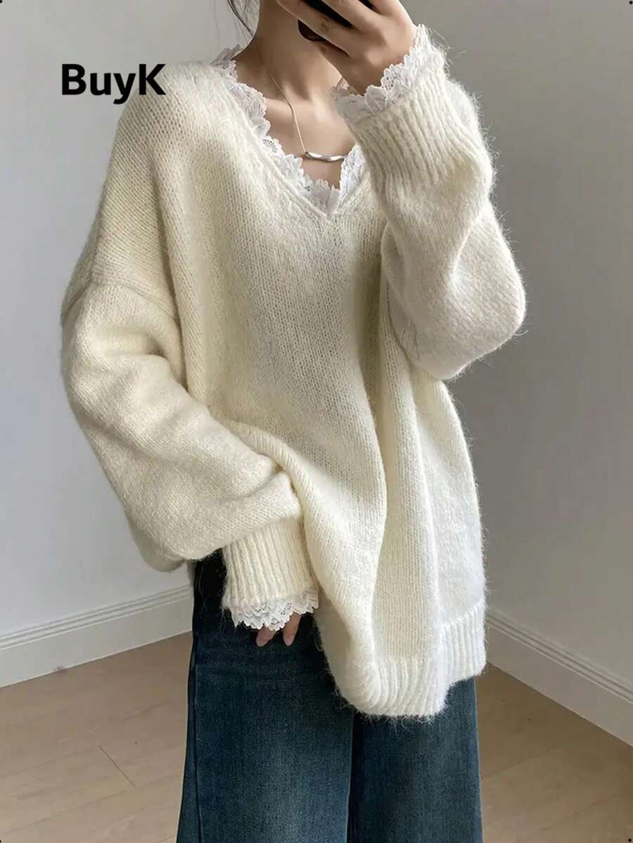 [Top]BuyK Lace Trim V-Neck Knit Sweater, Spring/Autumn Loose Plus Size Comfortable Long Sleeve Pullover, Casual Fashion Versatile All-Season Daily Wear Top - Apricot - View 1