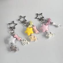 1pc Ins Cute Delicate Minimalist Silver Chain Cross Resin Star Bowknot Flocked Multi-Color Rabbit Bear Pendant Keychain Bag Charm, Suitable For Girls Women Daily Wear, Holiday Gift - Multicolor - View 2