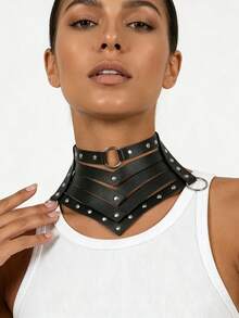 1 PC Women's Fashion New Multi-Layer V-Shaped PU Leather Choker, Silver Rivet Metal Ring Adjustable Neck Strap, Dark Punk Gothic Style Neck Accessory, Suitable For Daily, Vacation, Music Festival And Other Personalized Outfit Occasions - Black - View 6