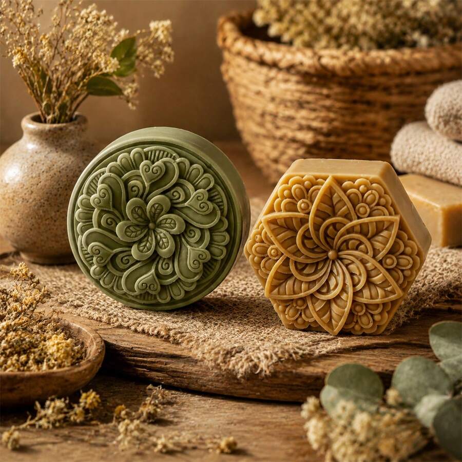 Floral Mandala Silicone Soap Molds Round Hexagon Embossed Flower Soap Making Mould DIY Handmade Bath Soap Candle Wax Resin Craft Molds