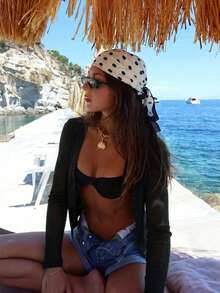 Crew Neck Ribbed Button Short Thin Knit Cardigan - Black - View 2