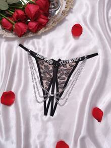 Custom Leopard Print 3D Bow Decor T-Back Panty With Gold Pendant, Personalized Name Engraving, Couple Gift - Black - View 9