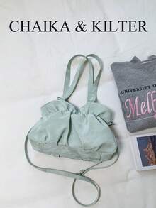 CHAIKA & KILTER 1件純色PU布料托特包，女款時尚單肩托特包，雙手柄設計，拉鍊開合，飾帶裝飾，適合日常與街頭使用 - 綠色 - 查看 10
