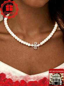 1pc Minimalist Bow Faux Pearl Necklace, Exquisite And Beautiful Ribbon Pearl Beaded Chain, Sweet And Charming Style Jewelry, Elegant Bridesmaid Wedding Accessory, Ideal Gift For Girlfriend, Young Women On Birthday, Anniversary, Valentine's Day, Christmas - White - View 4