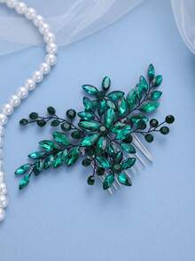 1 pieza Peine para el cabello con flor de cristal transparente plateado, elegante tocado nupcial para boda, baile de graduación, fiesta, accesorio de lujo con strass para mujeres - Verde Oscuro - Ver 3