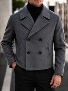 Men's Double-Breasted Wool Short Coat, Notch Lapel Side Pockets Winter Business Casual Wool Short Jacket - Dark Grey - View 1