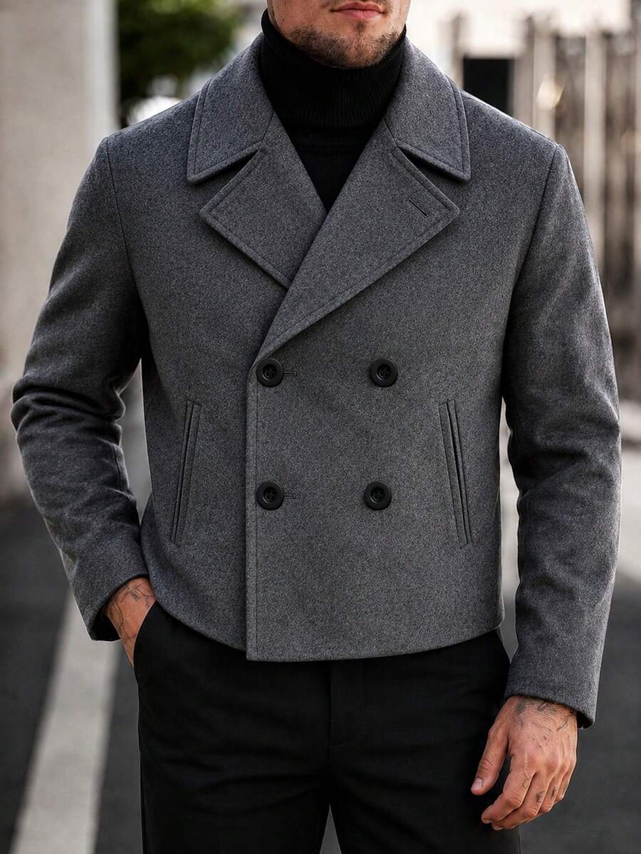 Men's Double-Breasted Wool Short Coat, Notch Lapel Side Pockets Winter Business Casual Wool Short Jacket - Dark Grey - View 1
