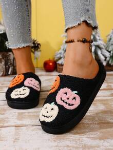 3 Pairs Pumpkin Style Fashion Party Slippers Women's Autumn/Winter Home Indoor Plush Warm Slip-On Women's Slippers,Halloween - Black - View 4