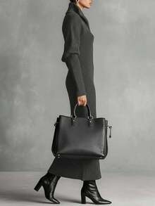 Gaun Rajut Bergaris Leher Tinggi Setengah Resleting Elegan untuk Wanita, Gaya Busana Jalanan Minimalis Elegan untuk Berbelanja dan Aktivitas Sehari-hari di Musim Gugur - Dark Grey - View 8