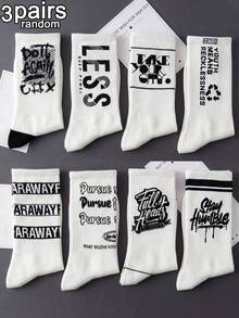 3 Pairs Random Assorted Unisex American Graffiti English Stripe Letter Design Skin-Friendly Durable Comfortable Breathable Mid-Calf Socks For Home, Commute, Gift And Daily Wear - Black and White - View 2