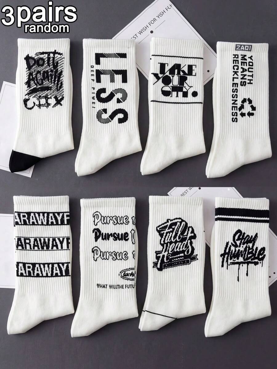 3 Pairs Random Assorted Unisex American Graffiti English Stripe Letter Design Skin-Friendly Durable Comfortable Breathable Mid-Calf Socks For Home, Commute, Gift And Daily Wear
