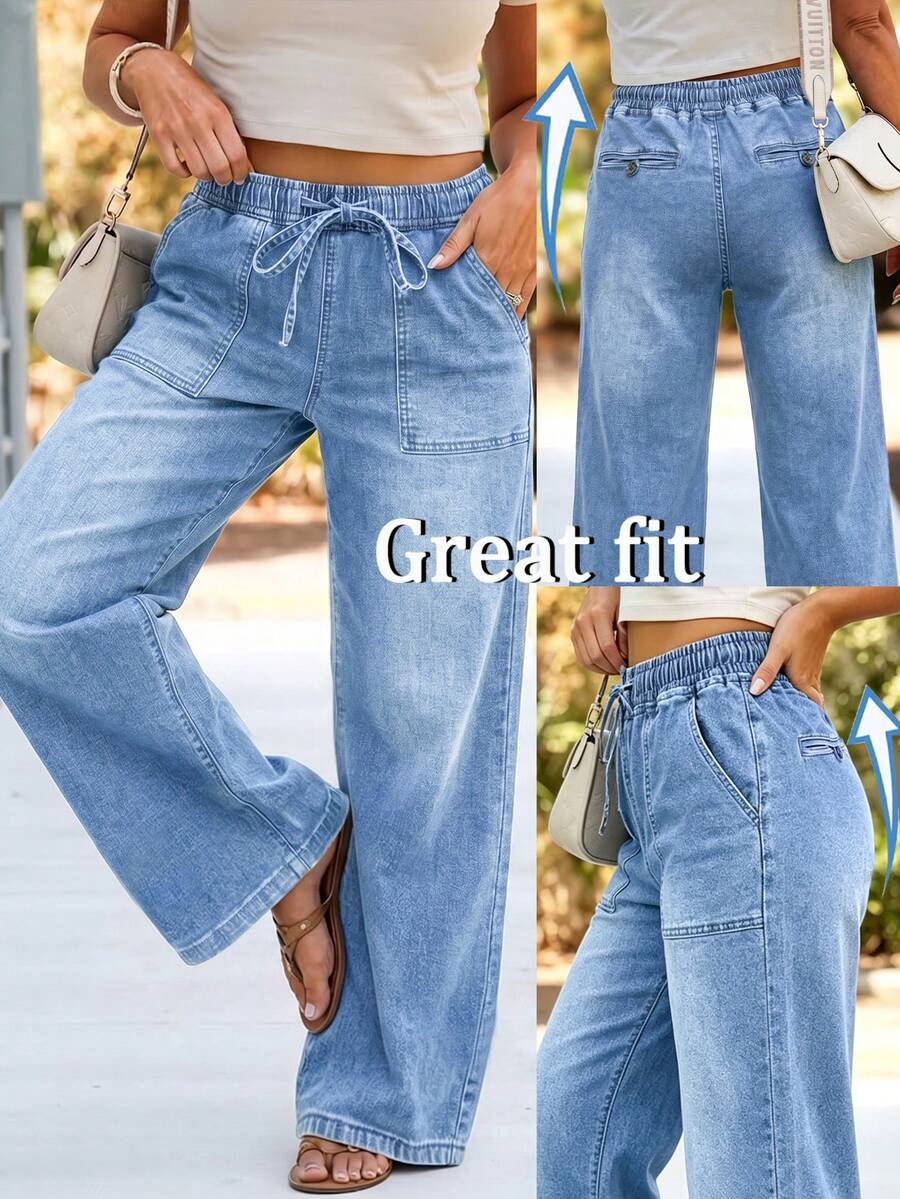 Light Blue Washed Drawstring Elastic Waist Full Length Loose Straight Leg Wide Leg Denim Jeans Casual Fall