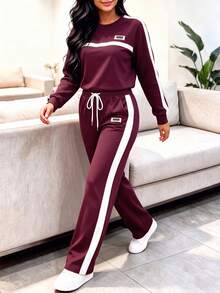 Spring/Autumn Casual Fashion Commuter Set For Women, Versatile Contrast Color Top With Striped High Waist Drawstring Loose Straight Leg Pants Elegant - Burgundy - View 7