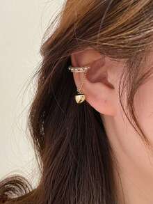 1pc Exquisite Heart Rhinestone Elegant Ear Cuff, Sweet & Spicy Tassel Heart Pearl Non-Pierced Ear Cuff, Elegant Elegant Commute Ear Jewelry - Gold - View 2
