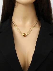 RAYQUEEN Stainless Steel Fashion Versatile Round Bead Pendant Necklace & Earrings Set Decorative Jewelry For Women, Suitable For Holiday Wear - Gold - View 11